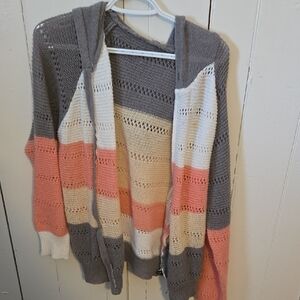 SHEIN Sz XXXL  Striped Hooded Open-Front Cardigan in Gray, Cream & Peach